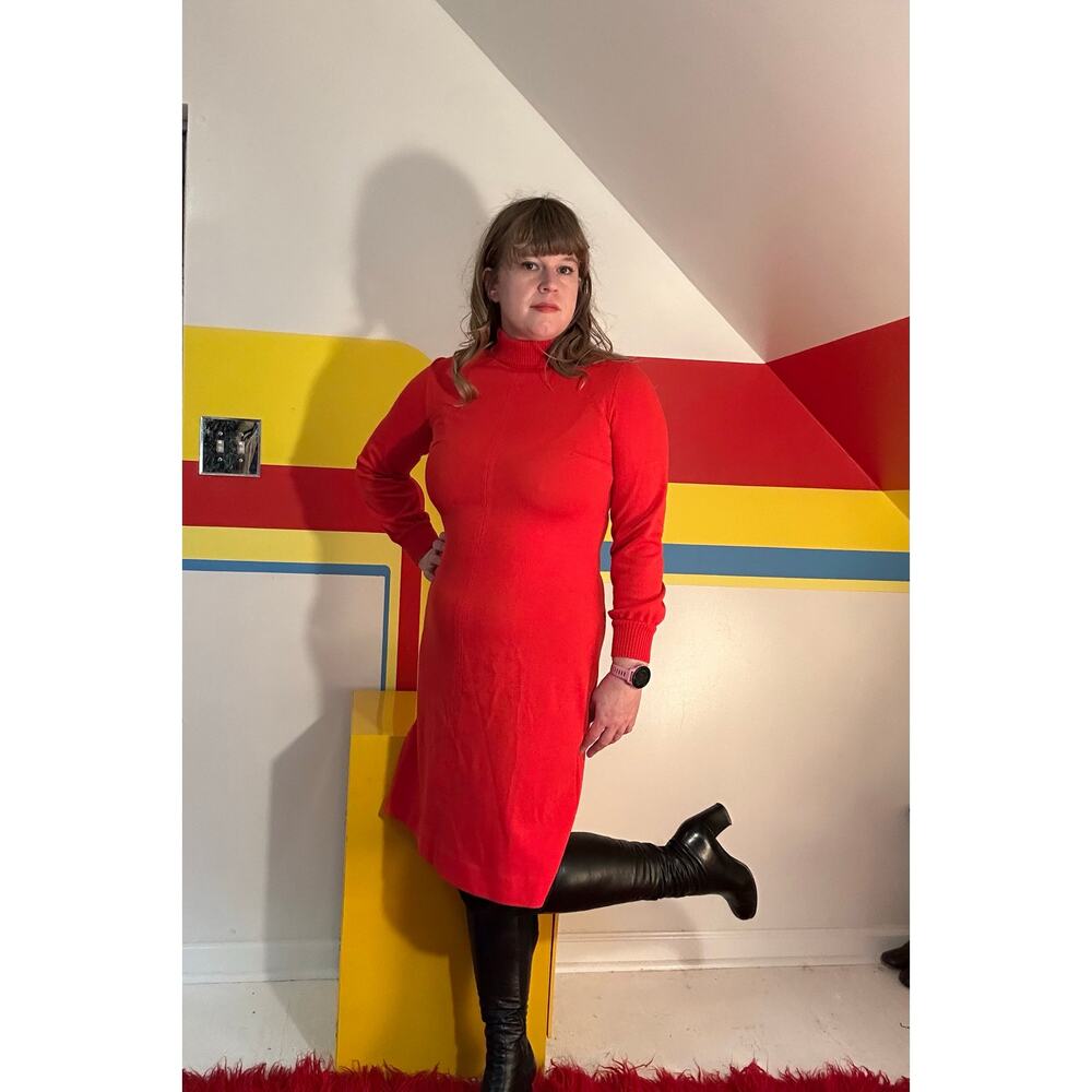 1960s 60s vintage red mod shift dress turtleneck sleeves large plus 70s 1970s